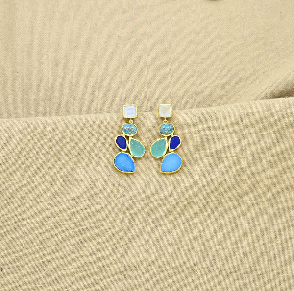 Mykonos Earring Gold - Blue Turquoise, Druzy & Moonstone