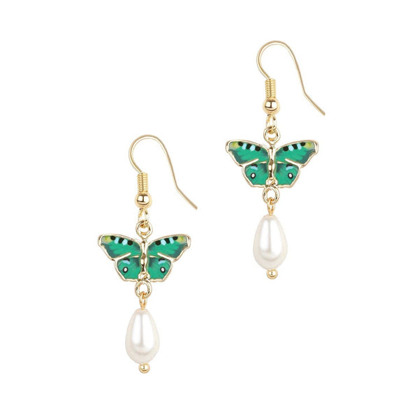 Butterfly Pearl Drop Earrings - Green