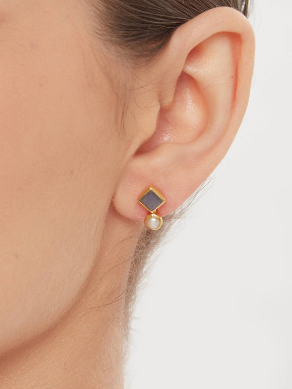 Freya Stud Earrings Gold - Pearl & Labradorite
