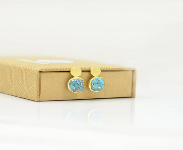 Oval Coin Stud Earring Gold Plated - Blue Turquoise