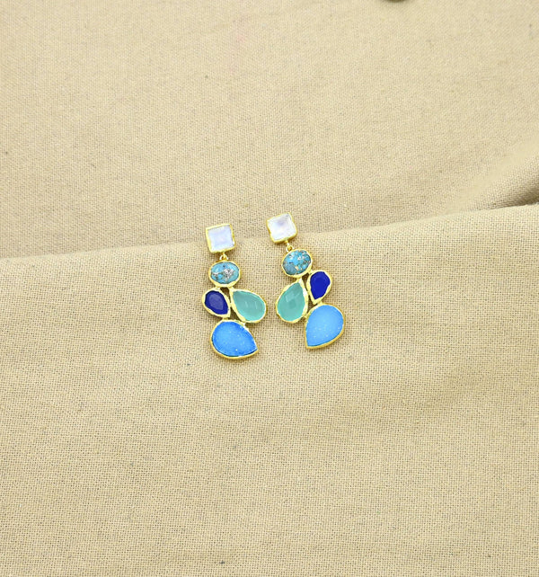 Mykonos Earring Gold - Blue Turquoise, Druzy & Moonstone