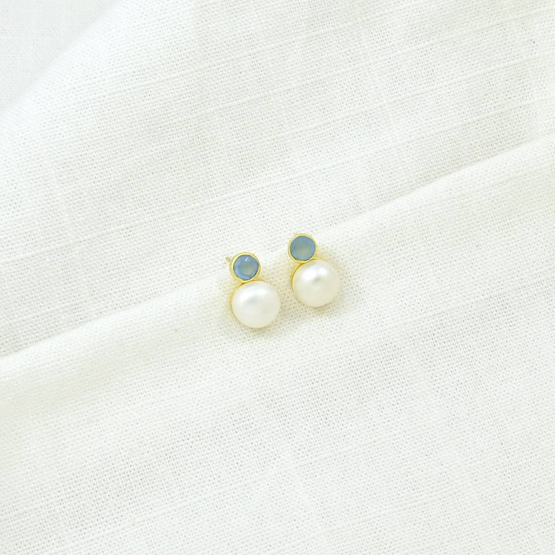 Clio Earring Gold - Pearl & Blue Chalcedony