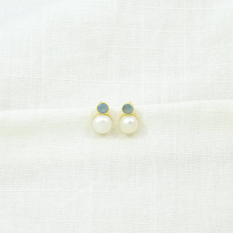 Clio Earring Gold - Pearl & Blue Chalcedony