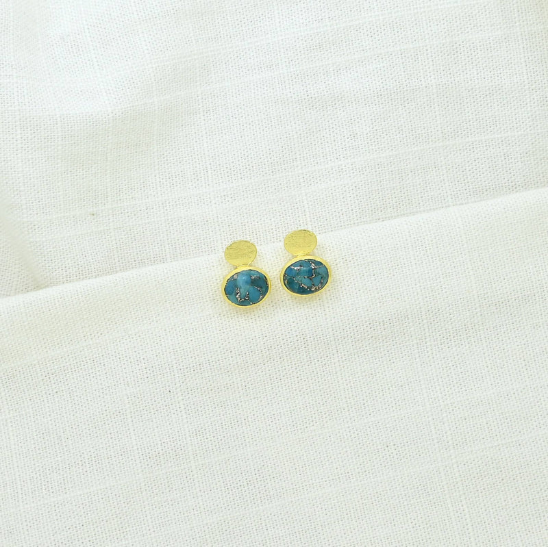 Oval Coin Stud Earring Gold Plated - Blue Turquoise