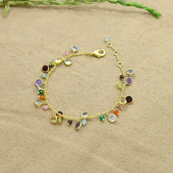 Gold Charm Bracelet - Mulit Color Gemstones