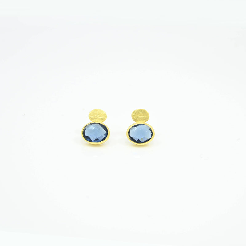 Coin Stud Oval Blue Iolite  Gold   Plated Silver 925