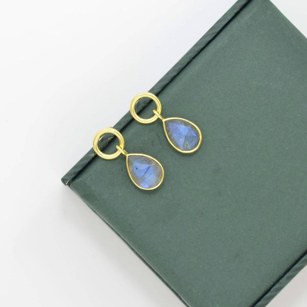 Circle Post Labradorite Earrings Gold Plated Silver 925